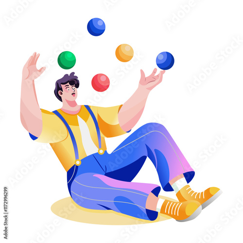 A flat illustration of a character juggling balls 

