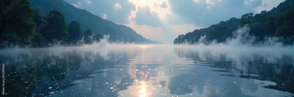 Fototapeta premium Shimmering silver vapor wafts above a tranquil lake, glowing, shimmering