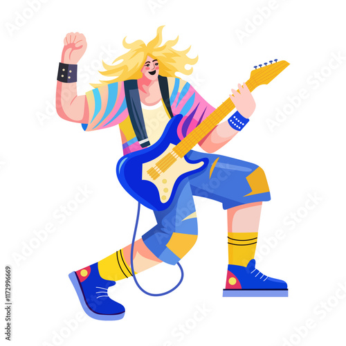 A flat illustration of rocking guitarist character 
