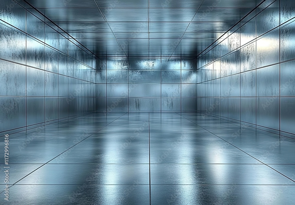 A large, empty room with metallic walls and floors, reflecting light from above. A large, empty room with metallic walls and floors, reflecting light from above.