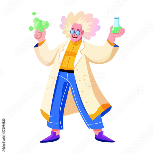 Silly scientist illustration in flat style 
