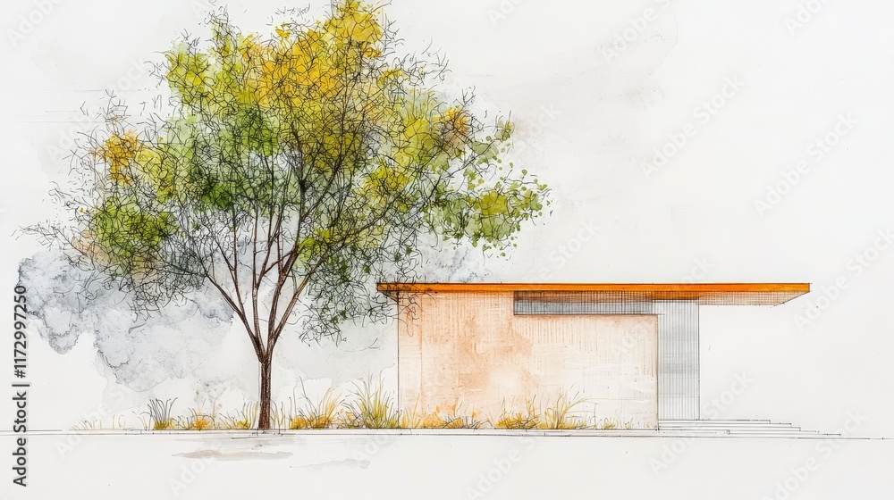 Naklejka premium Modern Architectural Sketch of a Minimalist Building Surrounded by Lush Greenery