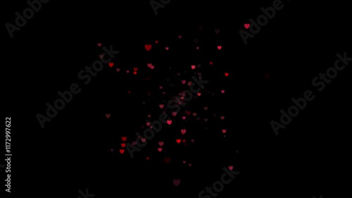 Countless red flat hearts fountaining from the center and flying toward the camera and outward, set against a sleek black background, in high-quality 4K photo