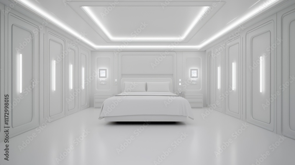 Modern Minimalist Bedroom Interior Design with Futuristic Features and Soft Lighting Effects Modern Minimalist Bedroom Interior Design with Futuristic Features and Soft Lighting Effects
