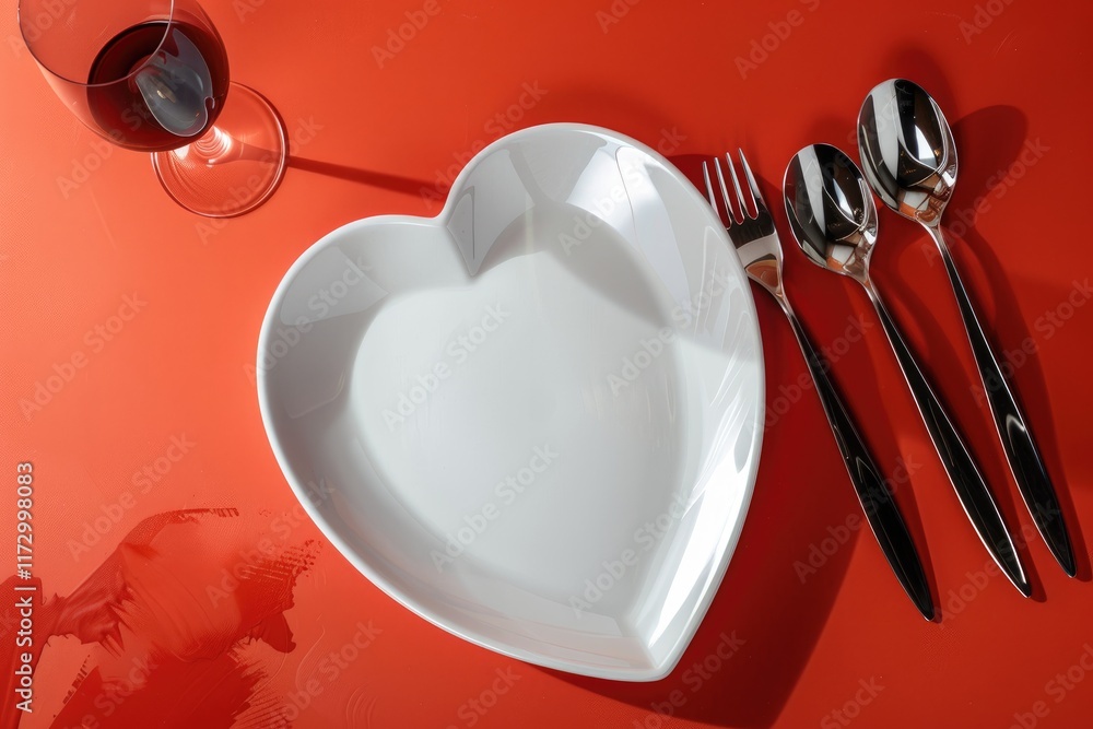 heart-shaped white plate with cutlery on a red background, Valentine's day concept. MZ heart-shaped white plate with cutlery on a red background, Valentine's day concept. MZ