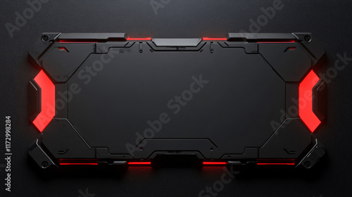 A sci-fi style nameplate with a blank space, featuring a sleek black design with red glowing edges and white text area, set against a black background, creating a futuristic, high-tech frame.

