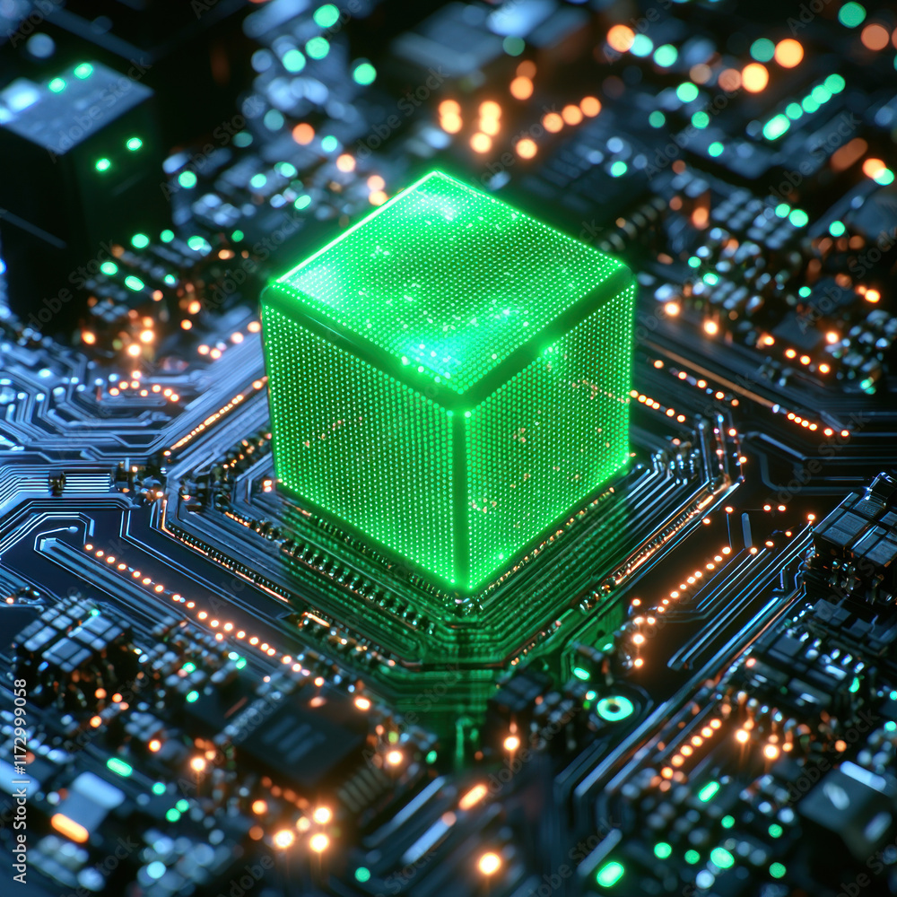 Obraz premium Glowing green cube on circuit board with lights, processing data