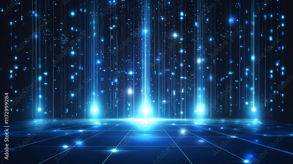 Abstract blue digital data streams falling onto a glowing grid floor. Abstract blue digital data streams falling onto a glowing grid floor.