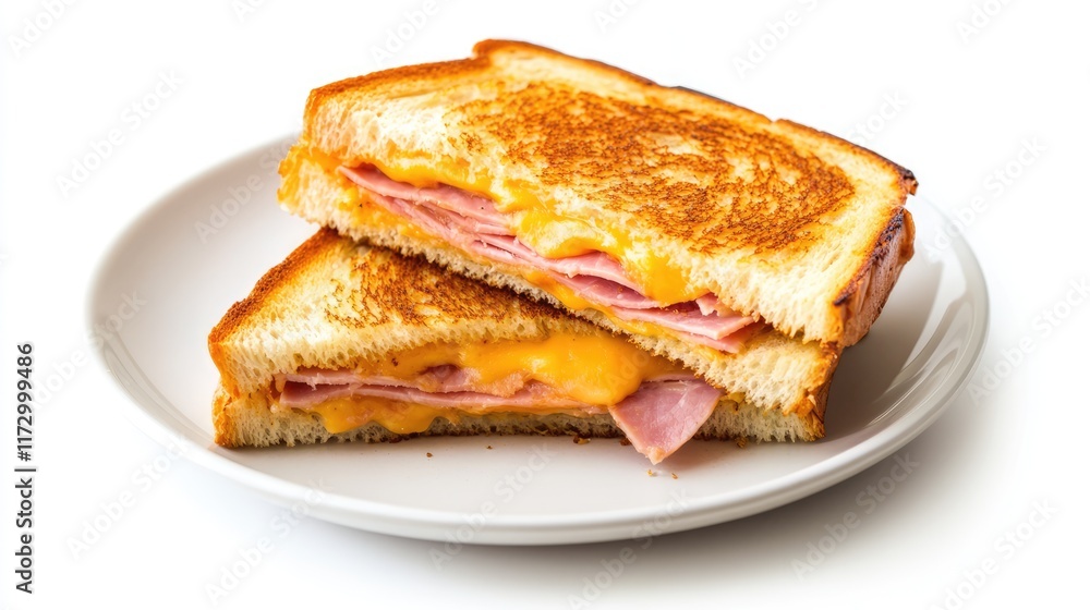 grilled ham and cheese sandwich on plate on a white background grilled ham and cheese sandwich on plate on a white background
