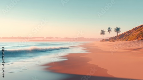 Wallpaper Mural Serene sunrise over a tropical beach with gentle waves and palm trees. Torontodigital.ca