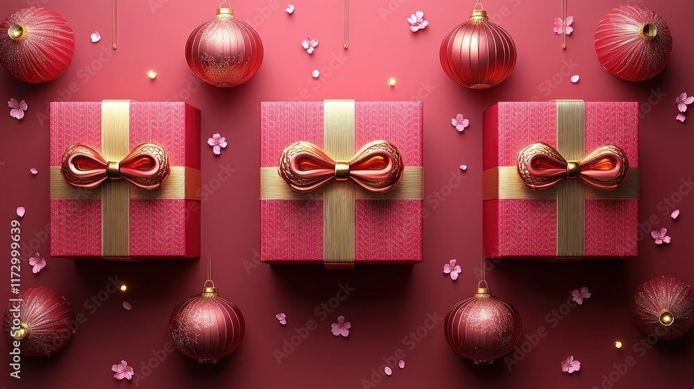 Three red gift boxes with gold ribbons and ornaments on a red background. Three red gift boxes with gold ribbons and ornaments on a red background.