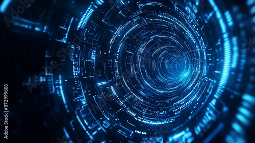 Abstract blue digital tunnel, glowing lines and circles, futuristic technology background.