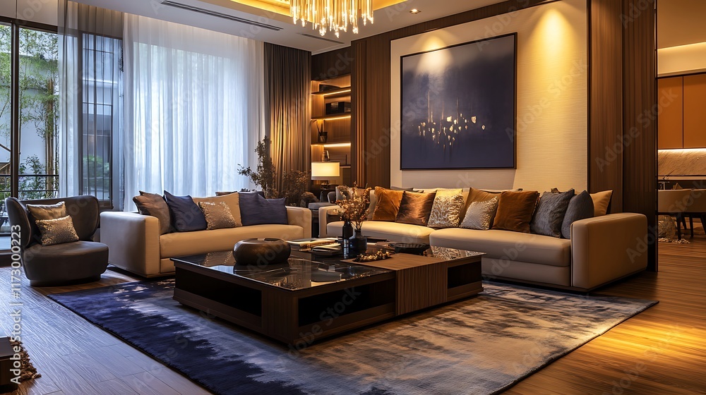 Fototapeta premium Cozy living room with comfortable seating, statement furniture, and an inviting atmosphere, featuring a plush sofa, coffee table, and ambient lighting