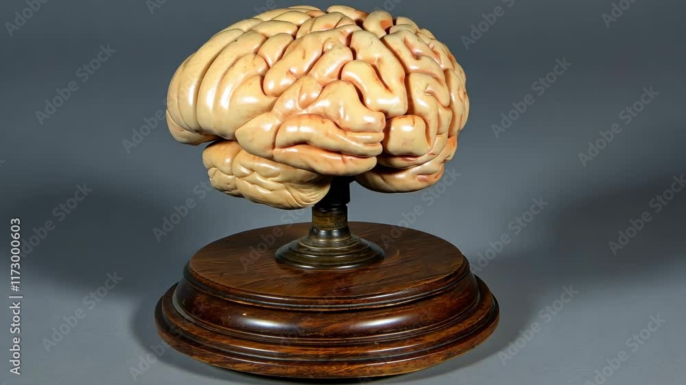 Sculpture of a human brain on a wooden base displayed in a studio environment Sculpture of a human brain on a wooden base displayed in a studio environment
