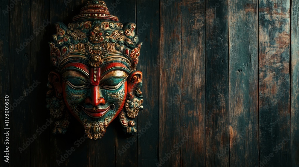 Obraz premium A colorful wooden mask with intricate carvings against a dark wooden background.