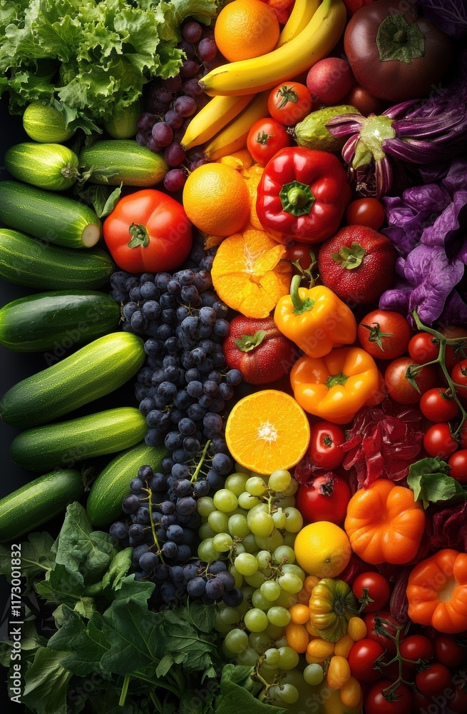A stunning assortment of fresh fruits and vegetables, showcasing a rainbow of colors. A stunning assortment of fresh fruits and vegetables, showcasing a rainbow of colors.