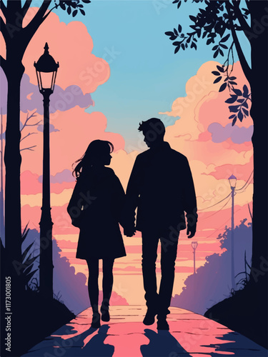 silhouette of a loving couple walking at sunset