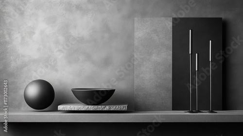 A minimalist arrangement of geometric shapes and objects in monochrome tones.