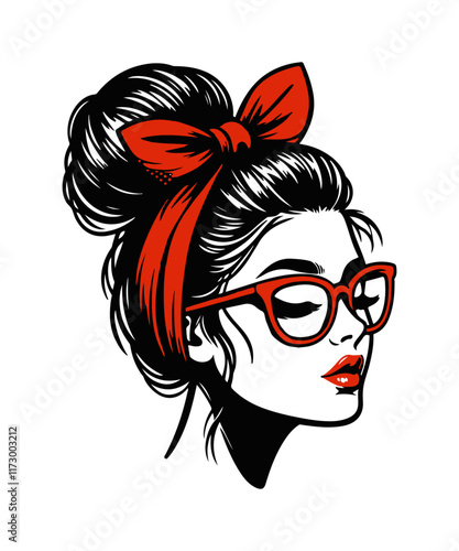 A vector illustration of a messy bun. It features a woman's face with red lips, red headband tied into a bow at the top, and large red-framed glasses. 