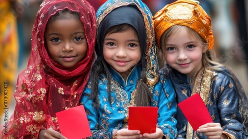 Three smiling girls of different ethnicities in traditional clothing hold red envelopes.