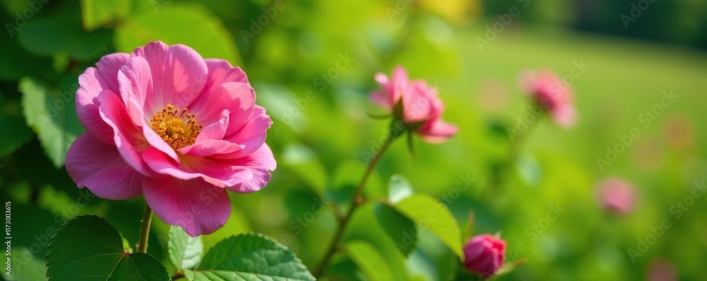 Wild rose bush with pink flowers and green leaves in a meadow, serene, leaves