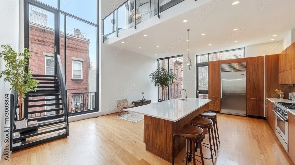 Modern open-plan loft apartment with high ceilings, kitchen island, and floating staircase. Modern open-plan loft apartment with high ceilings, kitchen island, and floating staircase.