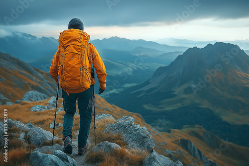 Photo réaliste professionnelle d’un randonneur sur un sentier escarpé avec vue panoramique sur des montagnes