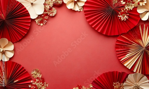 Decorative arrangement of red paper fans and cherry blossoms on a textured background
