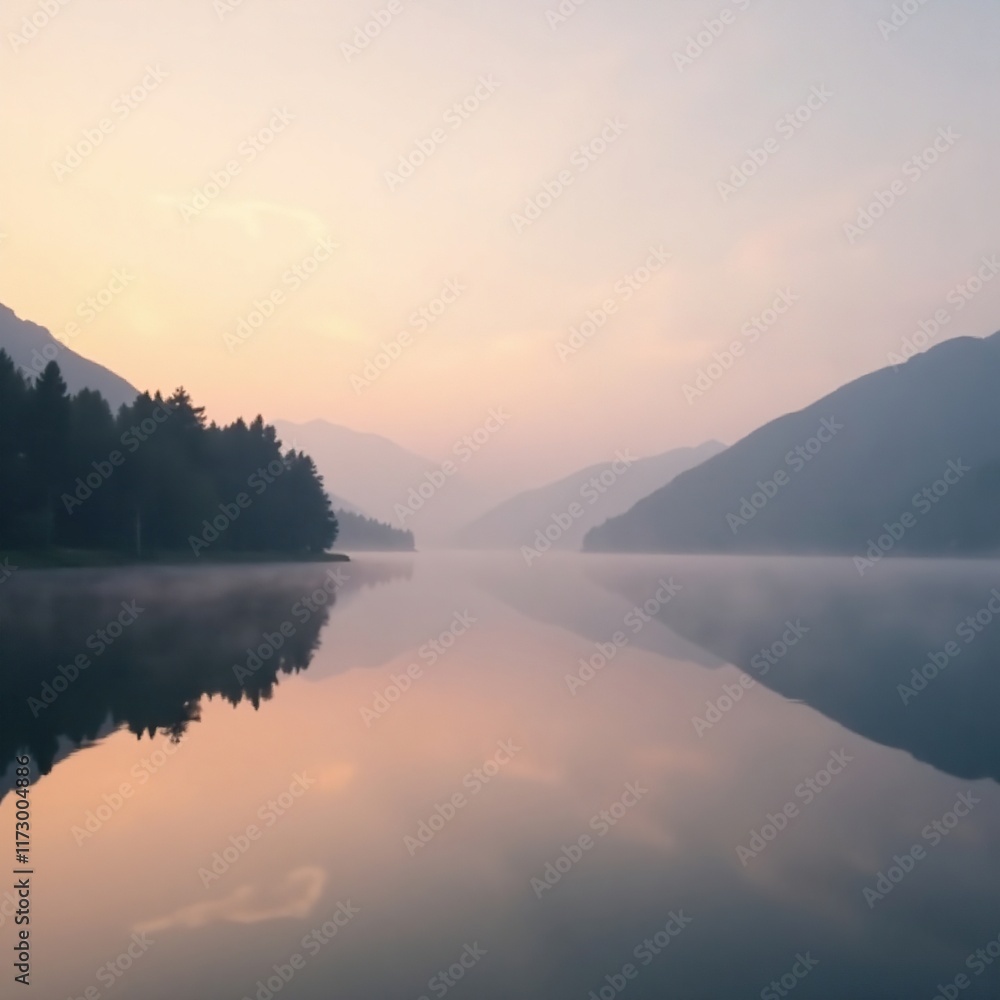 Fototapeta premium Foggy lake surface reflected in calm morning light, calm, environment