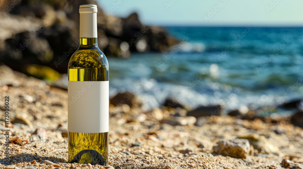 bottle of wine with empty label on sandy beach by sea bottle of wine with empty label on sandy beach by sea