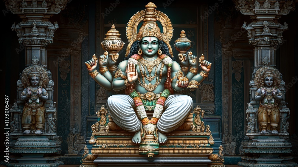 Obraz premium A detailed statue of a deity seated with multiple arms, surrounded by ornate architecture.