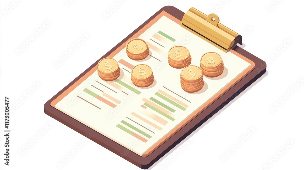 A business chart on a clipboard with coins, corporate finance theme, isometric design, isolated on white background A business chart on a clipboard with coins, corporate finance theme, isometric design, isolated on white background