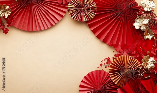 Decorative arrangement of red paper fans and cherry blossoms on a textured background
