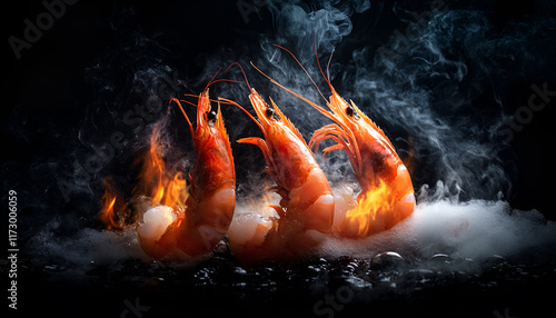 Wallpaper Mural Shrimps pieces above burning fire grill grid, isolated on black backround. Barbecue and grill concept Torontodigital.ca