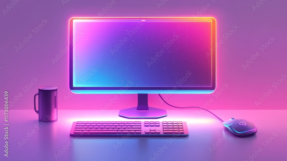 Vibrant neon-lit desktop computer setup.