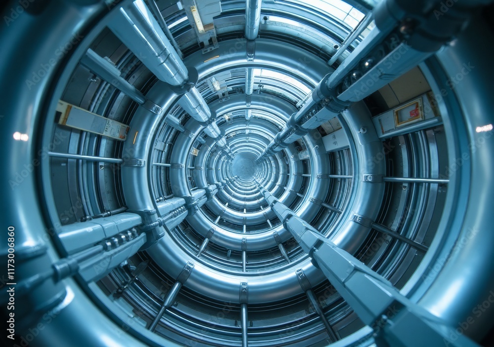 Cylindrical metal structure with pipes and a glowing tunnel effect Cylindrical metal structure with pipes and a glowing tunnel effect