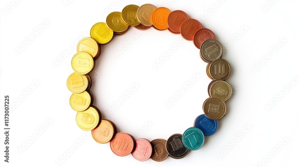 Obraz premium A circular graph with coins filling each segment, investment breakdown concept, modern infographic style, isolated on white background 