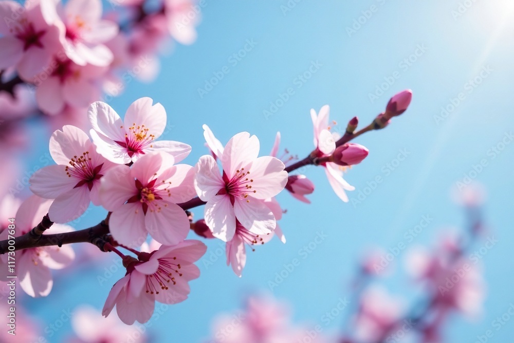 Pink cherry blossom branches against a clear blue sky with soft focus, nature, photography, blossom Pink cherry blossom branches against a clear blue sky with soft focus, nature, photography, blossom