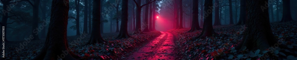 Obraz premium Red lit pathway winding through the black forest, forest, eerie, pathway