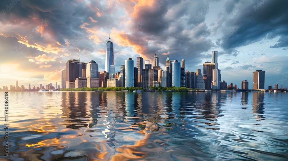 Fototapeta premium Majestic skyline of New York City reflecting in the calm waters at sunset