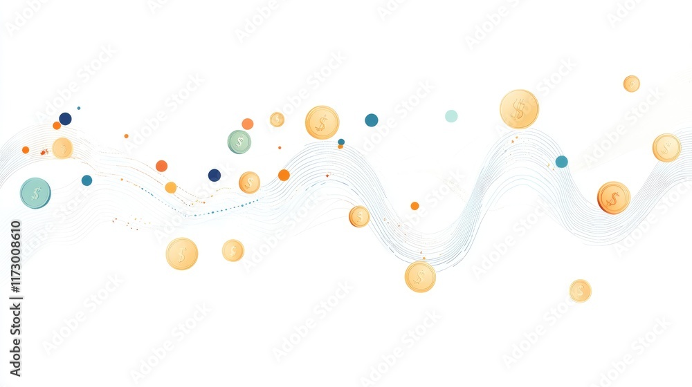 Fototapeta premium A descending line graph with coins dropping, financial loss representation, clean vector art, isolated on white background