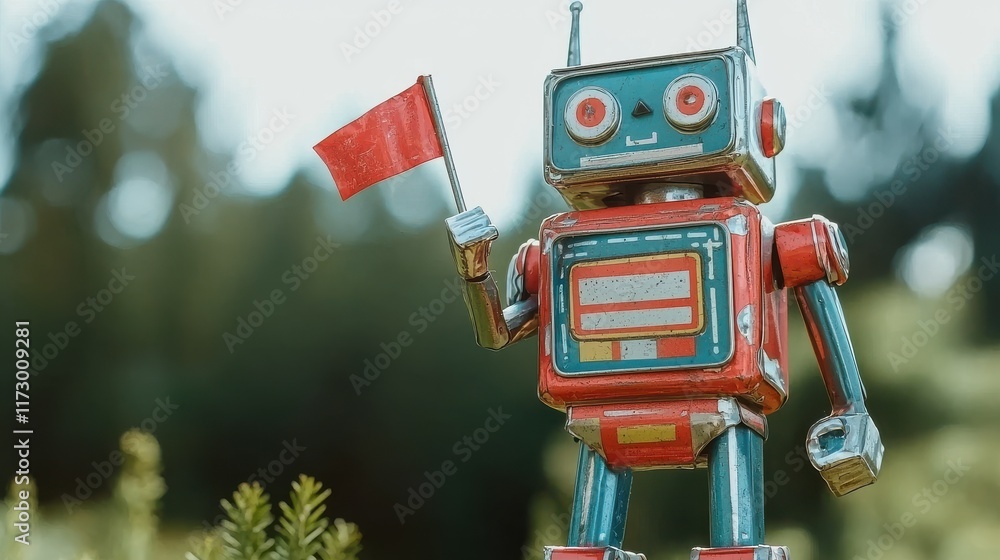 Fototapeta premium Classic tin toy robot holding a small flag in a nature setting high fidelity image for collectors