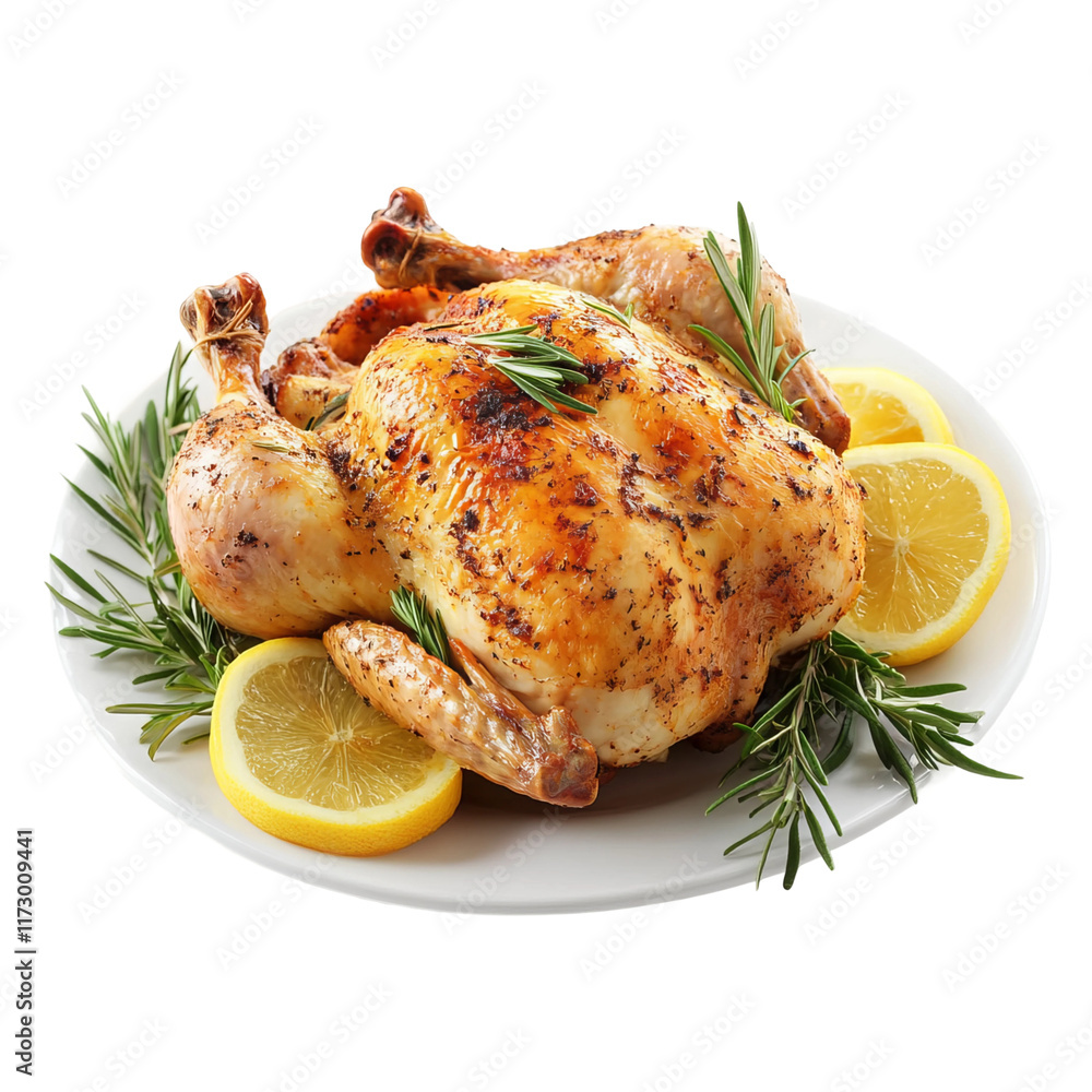 roasted chicken with lemon and herbs on a plate isolated on a white background