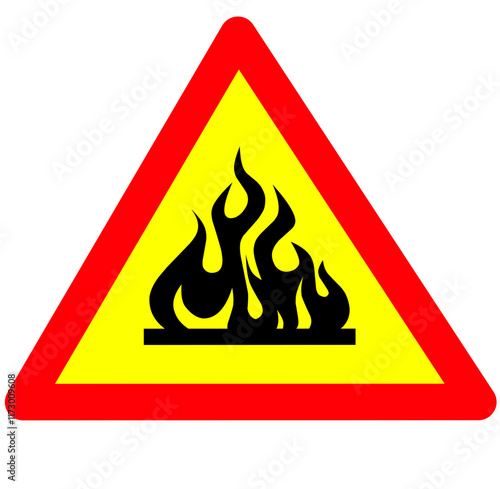 Flammable substances sign. Vector illustration of yellow triangle warning sign with flame fire inside. Attention. Danger zone. Caution flammable materials. Keep away from fire symbol.