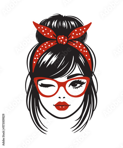 A vector illustration of a messy bun. It features a woman's face with red lips, red headband with dots tied into a bow at the top, and large red-framed glasses. 