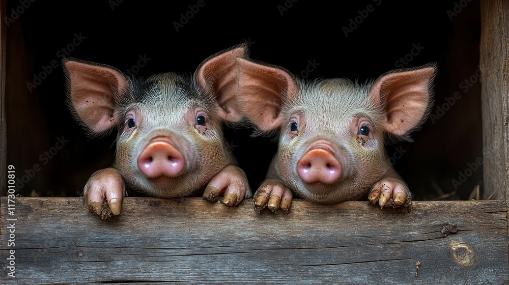 Two adorable piglets peek out from a rustic wooden enclosure. Two adorable piglets peek out from a rustic wooden enclosure.