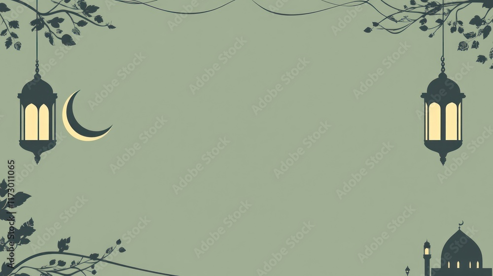 Ramadan background with lanterns, crescent moon, and mosque silhouette.