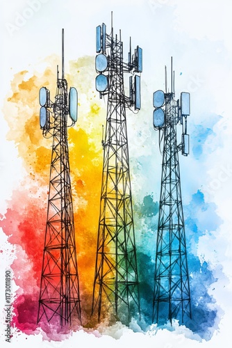 Vibrant Telecommunication Towers A Modern Watercolor Depiction of Wireless Connectivity