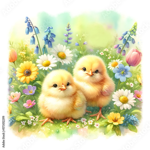 Two cute spring chicks with spring flowers. Isolated watercolor clipart. Design is perfect
 for Easter, nursery decor, greeting cards. 