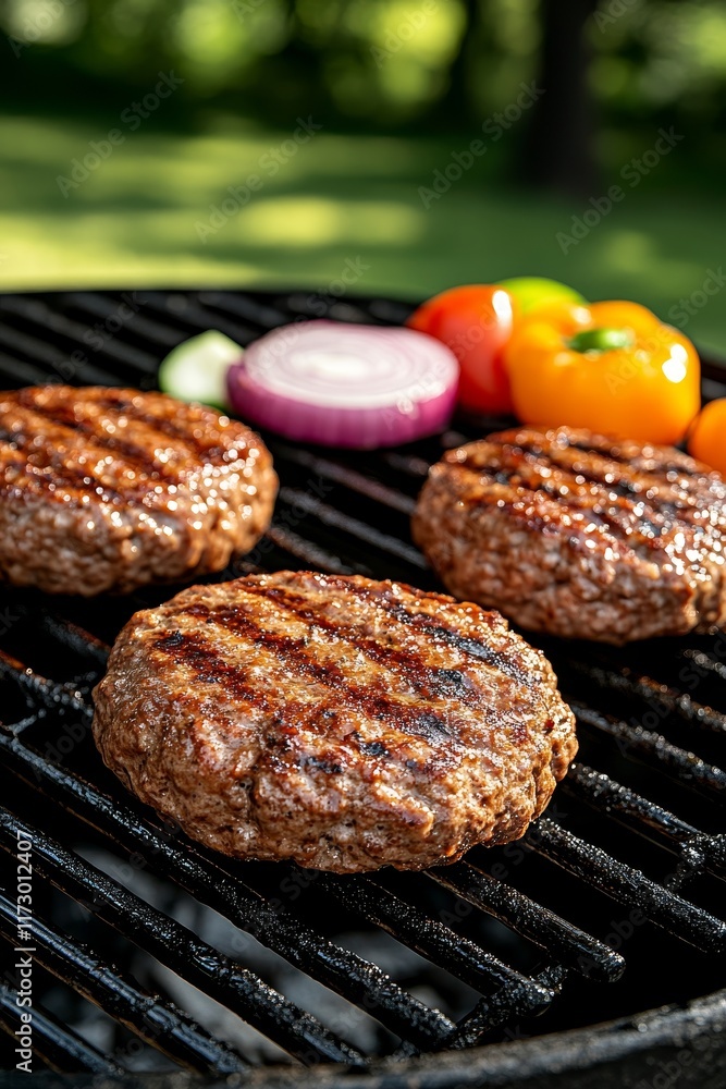 Juicy Beef Patties Sizzling on a Hot Grill, Summer Barbecue Scene with Fresh Toppings Juicy Beef Patties Sizzling on a Hot Grill, Summer Barbecue Scene with Fresh Toppings